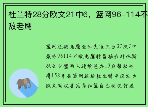 杜兰特28分欧文21中6，篮网96-114不敌老鹰